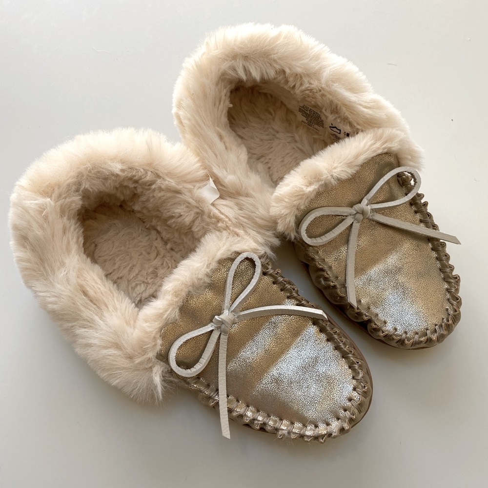J.Crew faux-shearling slippers, gold, size 7, new without tags